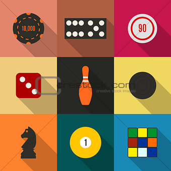 Game icons in a flat style with a long diagonal shadow, vector illustration.