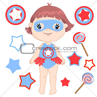 Cute cartoon superhero girl vector clip art set.
