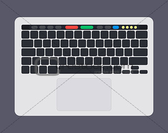 Modern laptop computer keyboard with blank bkack keyboard keys, touch panel and touchpad