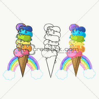 bright juicy ice cream, summer taste, excellent background, logo for your design, rainbow ice cream, rainbow colors
