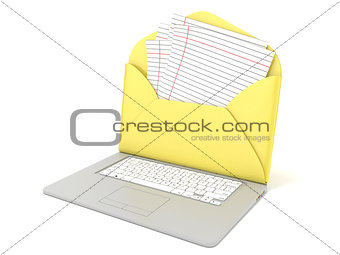 Open envelope and blank lined paper on laptop. Side view. 3D