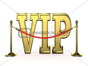 Velvet rope barrier, with golden VIP sign. 3D