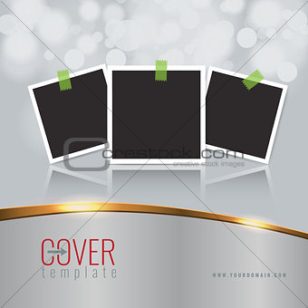 Vector Elegant business cover design background with golden line effect and photo frames and borders. Blur bokeh.