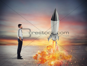 Startup of a new company with starting rocket. Concept of business growth