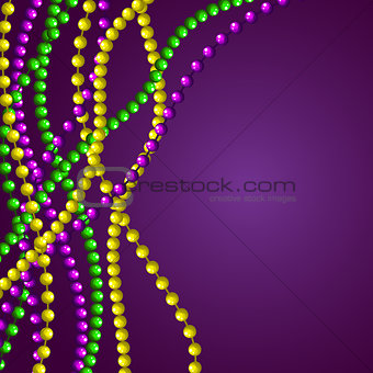 Mardi gras beads card vector purple background.