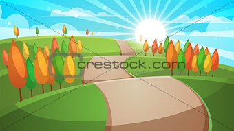 Cartoon forest landscape. Road illustration.