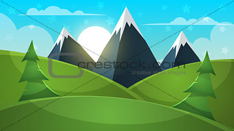 Cartoon landscape. Mountain, firr, cloud, sun illustration