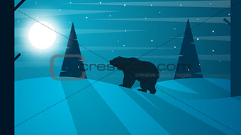 Cartoon flat tlandscape. Bear illustration. Fir, forest, moon, fog, cloud, snow, winter.
