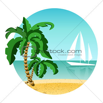 Round picture of summer vacation on island with yacht. Travel summer time. Palm, sand and ocean