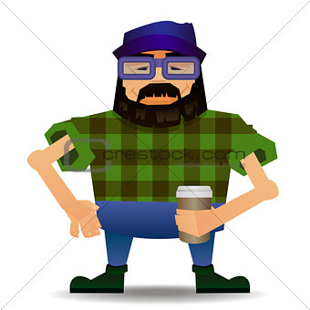 Vector of a bearded cartoon hipster dressed in a plaid shirt, holding a coffee.