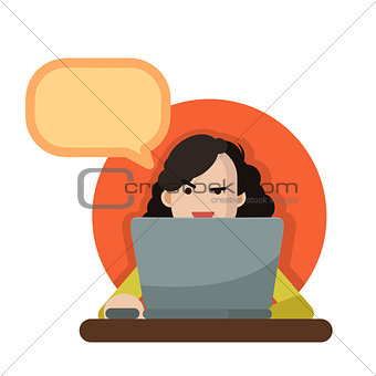 Vector illustration of a woman using a laptop with speechbubble