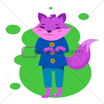 Funny purple fox character. Humanized forest animal in pink sarafan and purple t-shirt.