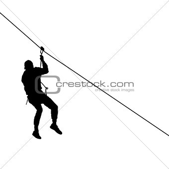 Black silhouette extreme rope descent attraction, man descends down the cable car