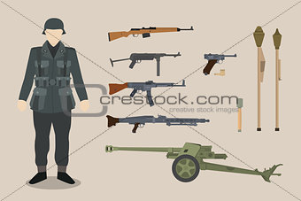 a german ww2 soldier gun equipment with bazooka machine gun pistols artillery vector graphic illustration