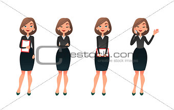 Set character businesswoman in various poses. Cartoon secretary or teacher on different working situations. Smiling business woman flat character on a white background.