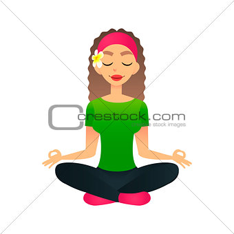 Cartoon young beautiful girl practicing yoga in a lotus pose. Flat vector women meditates and relaxes. Physical and spiritual therapy concept. Mind body spirit. Lady in lotus position