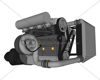 A turbocharged four-cylinder, high-performance engine for a sports car. Vector color illustration with strokes of contours of details.