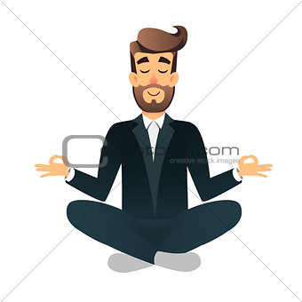 Cartoon flat happy office manager sitting and meditating. Illustration of handsome businessman relaxed calm in lotus pose. Man Yoga - relaxation in the workplace. Relax after a hard work concept