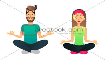 Man and woman meditate in lotus pose. Cartoon happy married couple practicing yoga lesson. Young vector people doing yoga asana.