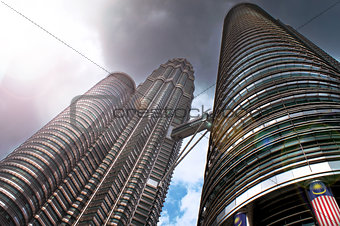 The Petronas Twin Towers in Kuala Lumpur, Malaysia, in a dramati