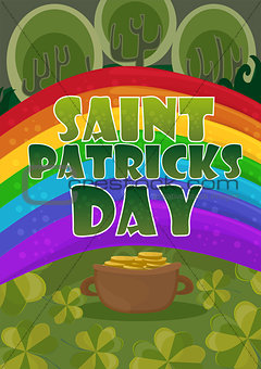 Saint Patricks Day Card Design - Treasure of Leprechaun on rainbow Background