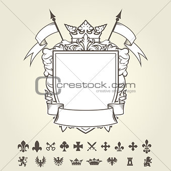 Blank template of coat of arms with shield and set of heraldic s