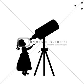 Silhouette girl looks into space telescope