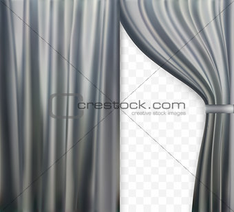 Naturalistic image of Curtain, open curtains Gray color on transparent background. Vector Illustration.