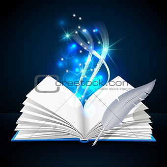 Open book with mystic bright light and feather