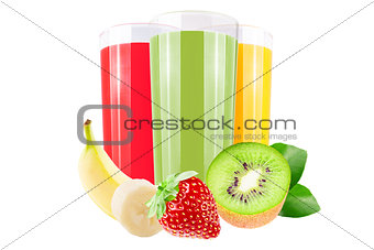 Three glasses withfresh juice isolated on white background