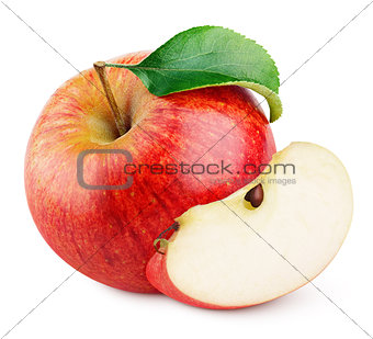 Red apple fruit with slice and green leaf isolated on white