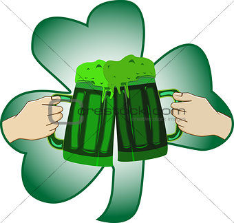 The concept of St. Patrick s Day two mugs in the hands of a gree
