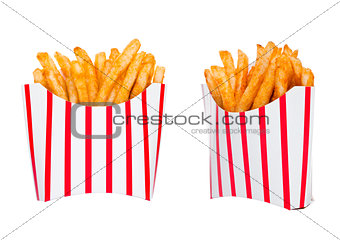 Southern french fries in paper container on white