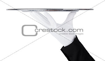 Servant white glove holds stainless steel tray