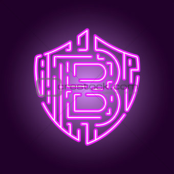 Bitcoin digital currency crypto currency. The concept of security of the crypto currency. Neon style logo