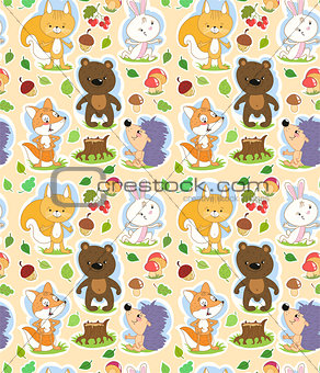 Seamless cartoon pattern with cute forest animals and Autumn theme