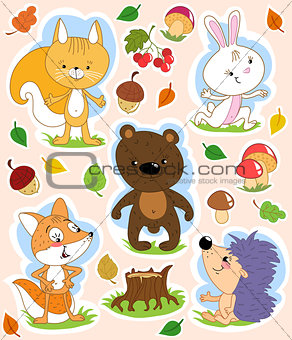 Cartoon isolated clip art with cute forest animals and Autumn theme