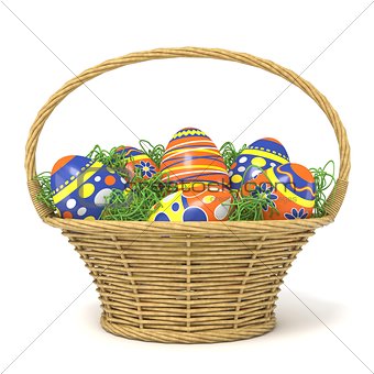 Easter basket full of decorated eggs with grass decoration. 3D