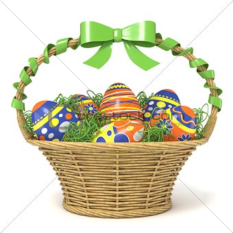 Easter basket full of decorated eggs with green ribbon bow. 3D