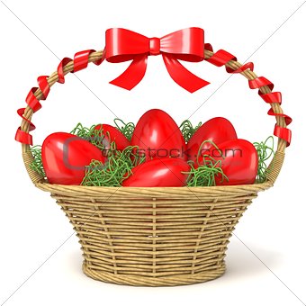 Easter basket full of red eggs with red ribbon bow. 3D