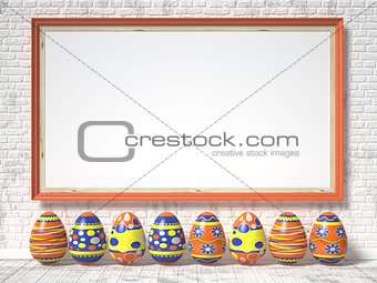 Easter eggs painted and blank picture frame. Easter concept. 3D