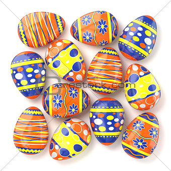 Easter eggs with colorful patterns lying on white background. 3D