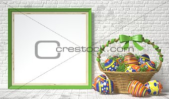 Easter basket with decorated eggs on white wooden background. Ea