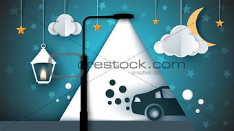 Cartoon paer landscape. Street lamp, bulb, light, car, cloud, moon.