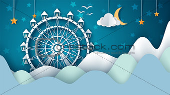 Cartoon paper landscape. Ferris wheel illustration.