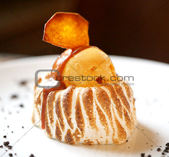 Macro photo of delicious pumpkin pie with ice cream