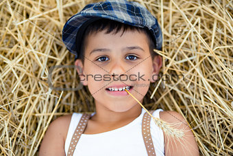 Boy with a spikelet in the teeth lies on the hay.