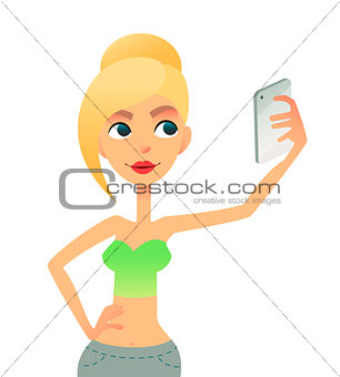 Happy young woman taking selfie to the front of the smartphone . Beautiful girl photografers herself to the phone. A star of social networks is posing on the air.