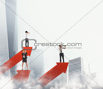 Business men on arrows statistics looking for business. 3D Rendering