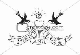 Two swallow birds with heart and crown in tattoo style. Vintage american rebel wedding design. Vector illustration.